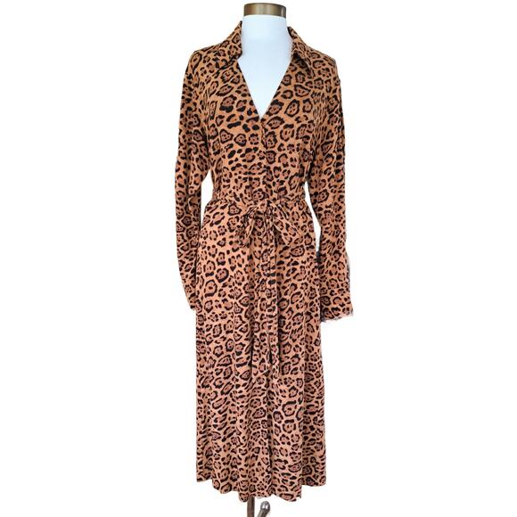 H&M Leopard Print Midi Dress Size Medium Long Sleeve Belted Maxi Shirtdress - Picture 1 of 7